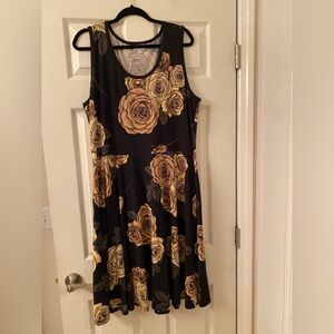 LuLaRoe Gold and Black Midi Dress Scoop Neck Sleeveless with Pockets